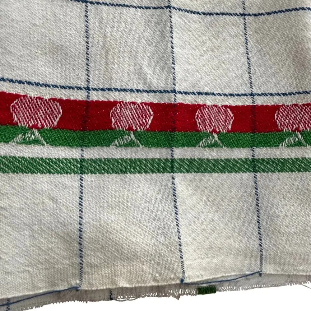 FIVE kitchen tea towels woven cotton cloth white blue red apple motif unfinished